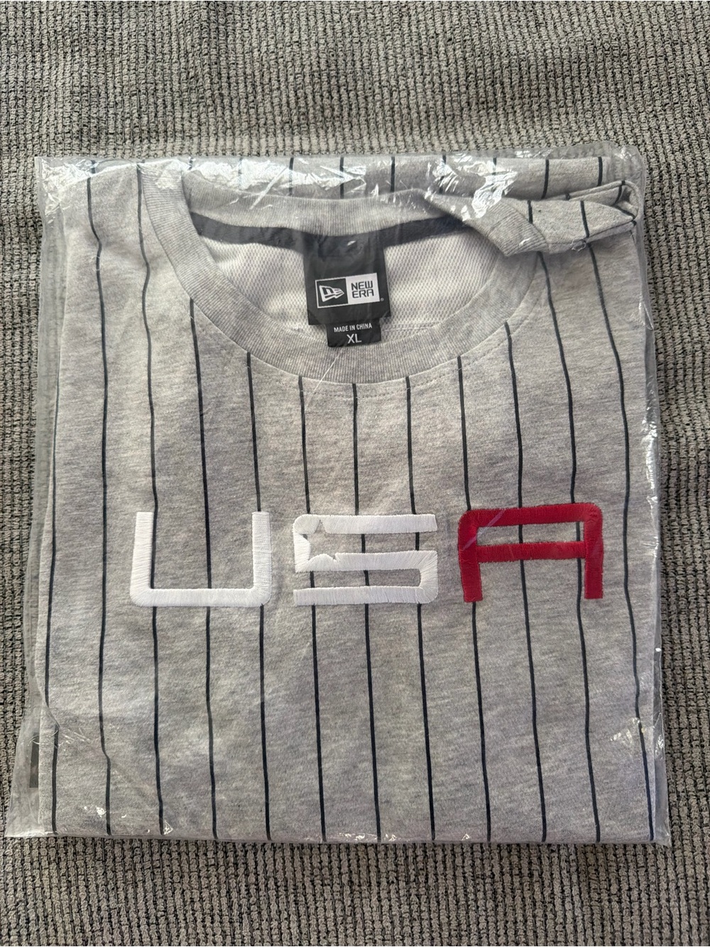 New Era Grey Pinstripe USA Tee with Red & White Lettering